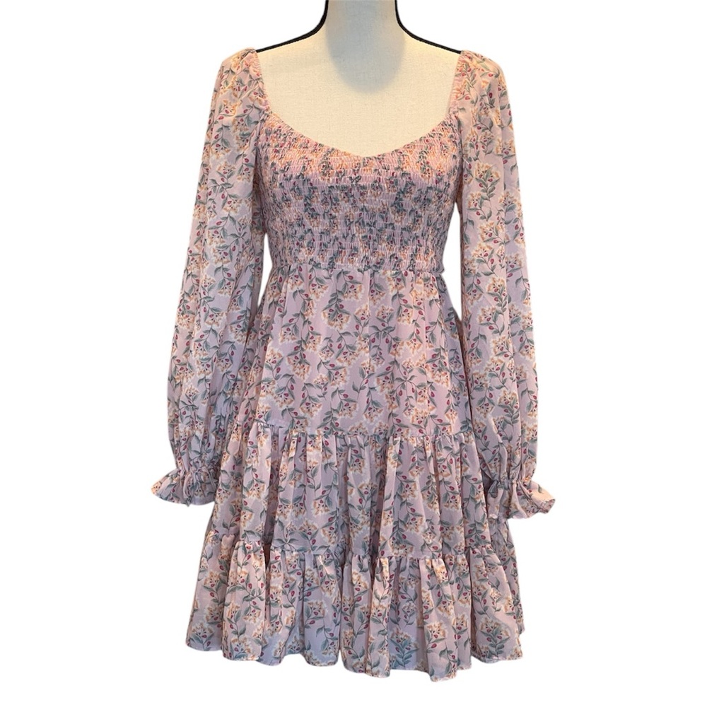 Lina Pink Floral Stretchy Smocked Fit and Flare Boho Midi Parisian Dress, S